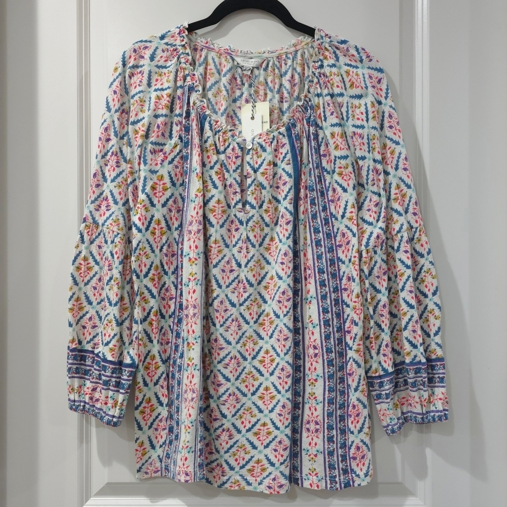 LUCKY BRAND Boho Floral Peasant Blouse with Border Print – Relaxed Fit, Nwt, L - Picture 2 of 16